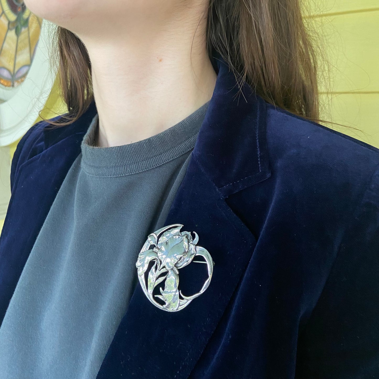 Vintage Sterling Art Nouveau Iris Brooch Pin