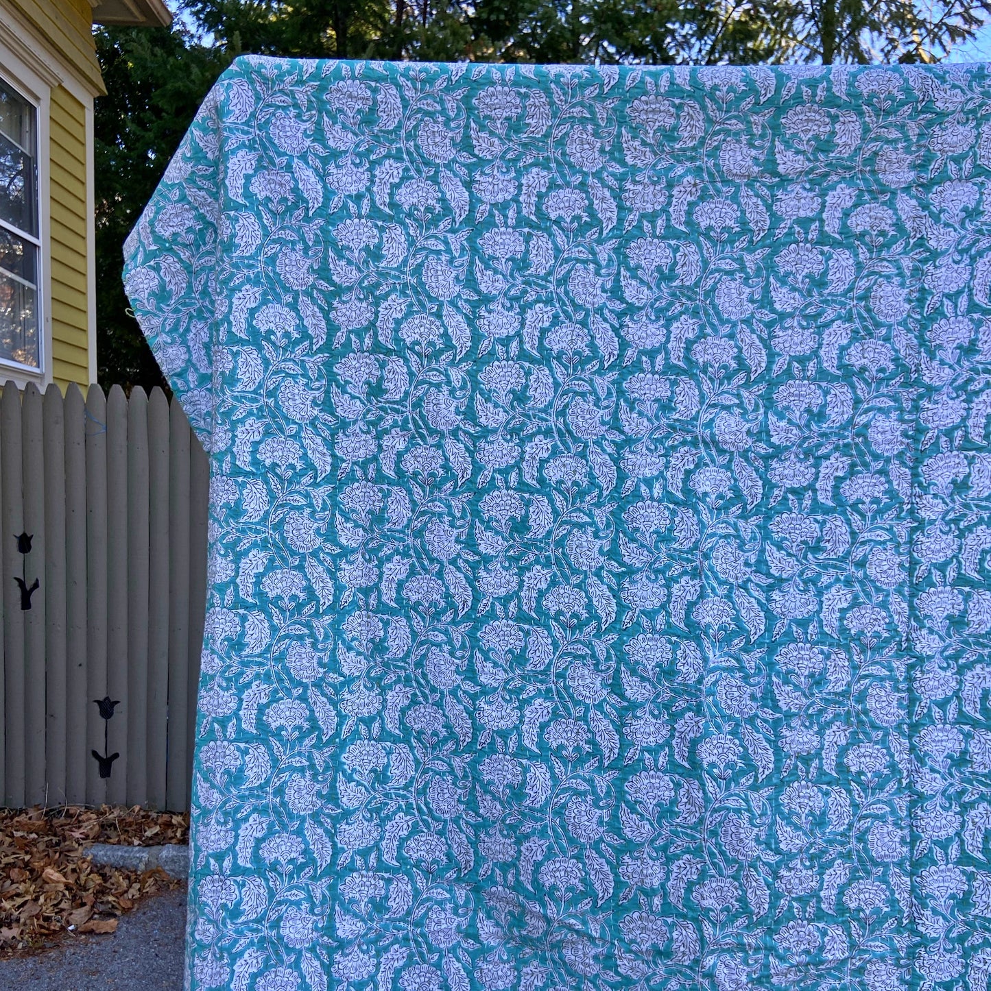 Aqua Tease Twin Sized Kantha Quilt