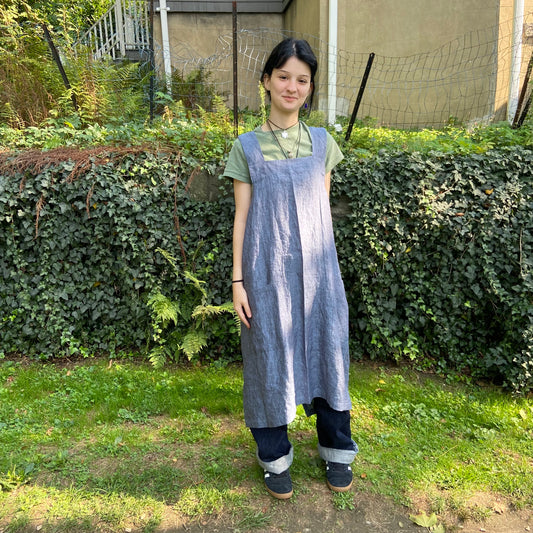 Linen Japanese Style Pinafore in Heathered Chambray