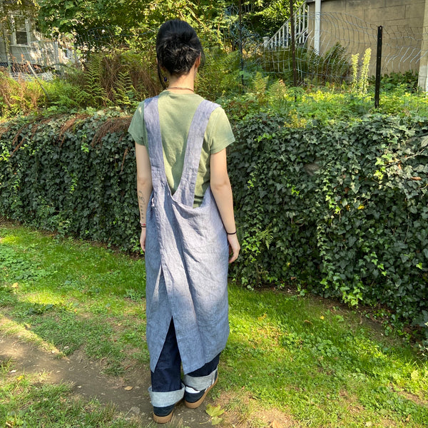 Linen Japanese Style Pinafore in Heathered Chambray