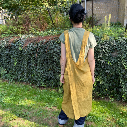 Linen Japanese Style Pinafore in Olive Green