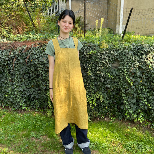 Linen Japanese Style Pinafore in Olive Green
